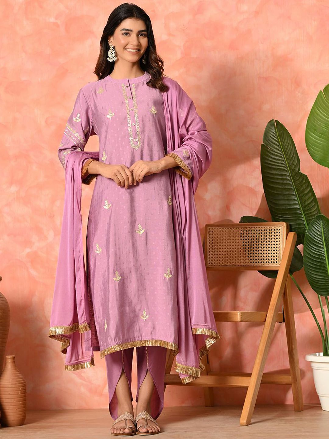 Indyancart SN Women's Solid Embroidered Kurta with Dhoti Pant & Dupatta