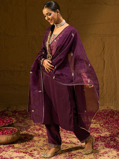 Indyancart IE Burgundy Floral Embroidered Straight Kurta with Trousers & Dupatta
