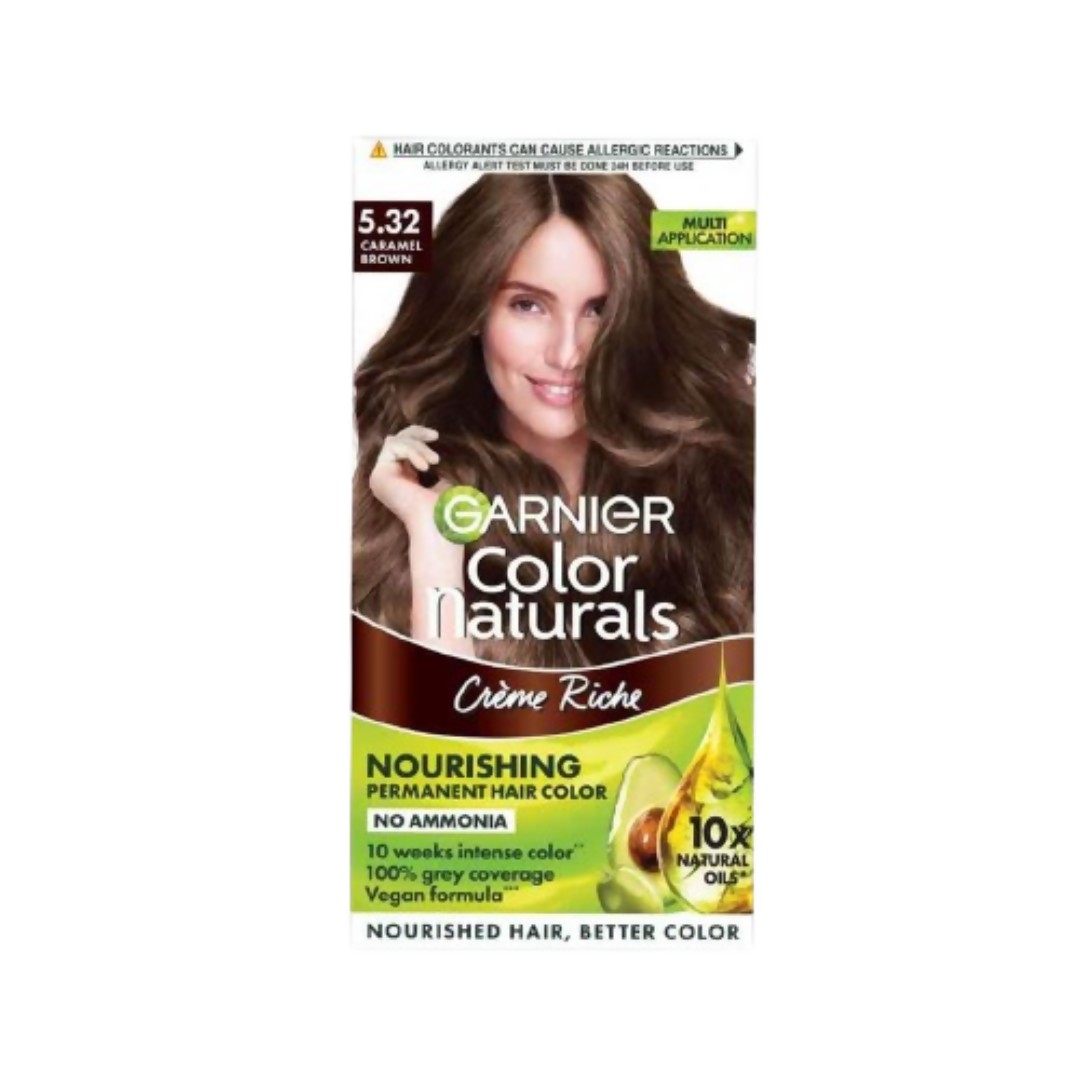 Garnier Color Naturals Creme Riche Hair Color in Shade 5.32 Caramel Brown, showing the creamy hair dye in a tube.