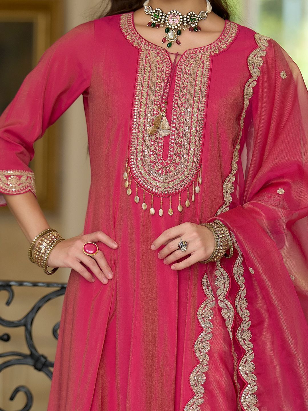 Ethnic Motifs Embroidered Notch Neck A-line Kurta With Trousers & Dupatta