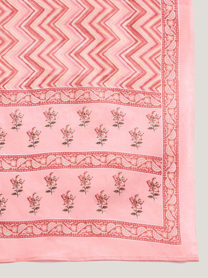 Indyancart IE Pink Floral Printed Mirror Work Pure Cotton Empire Kurta with Trouser & Dupatta