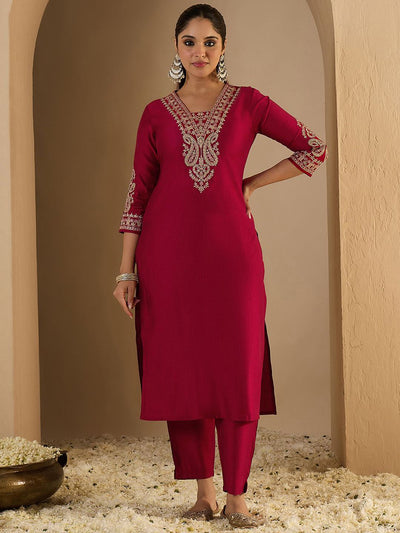 Indyancart IE Women's Women Ethnic Motifs Embroidered Regular Liva Straight Kurta with Trousers