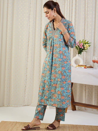 Indyancart IE Printed Pure Cotton V-Neck Top With Trousers Co-Ords