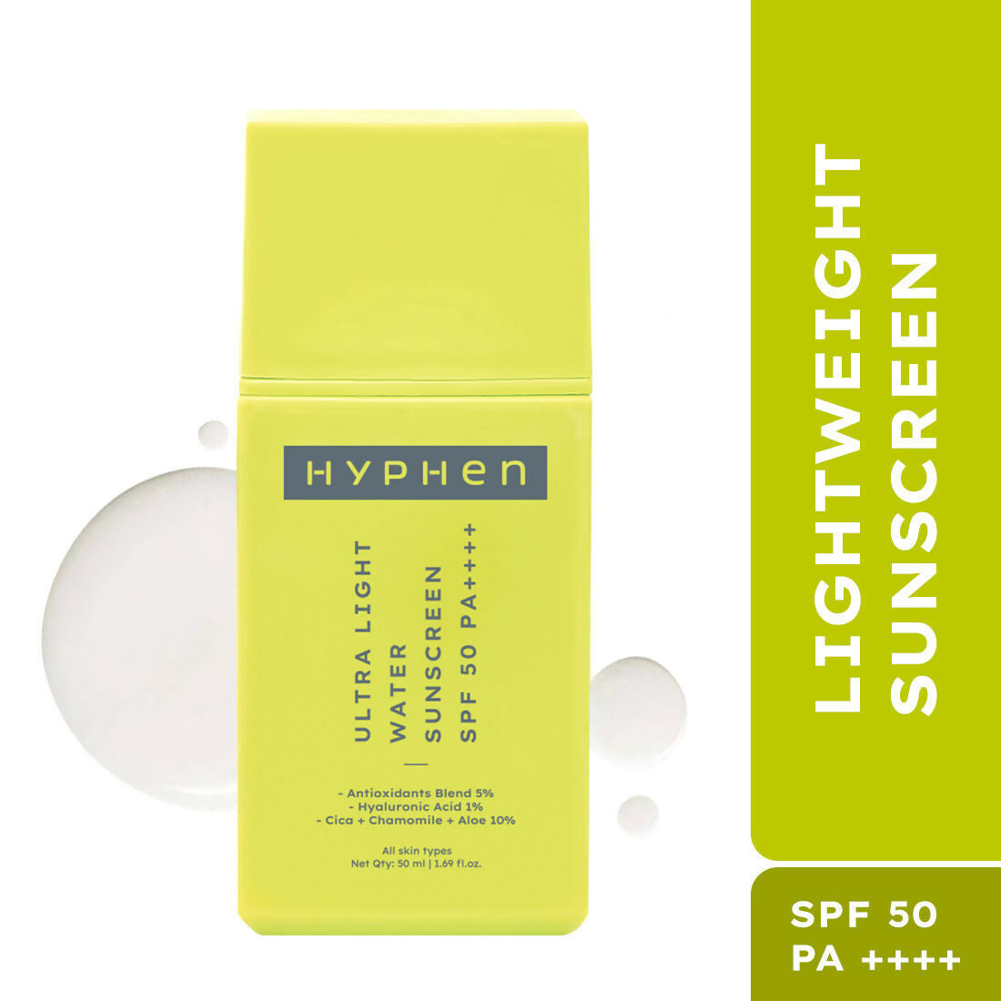 Hyphen by Kriti Sanon ultra light water sunscreen SPF 50 PA++++ with blue light protection, no white cast, for men and women.