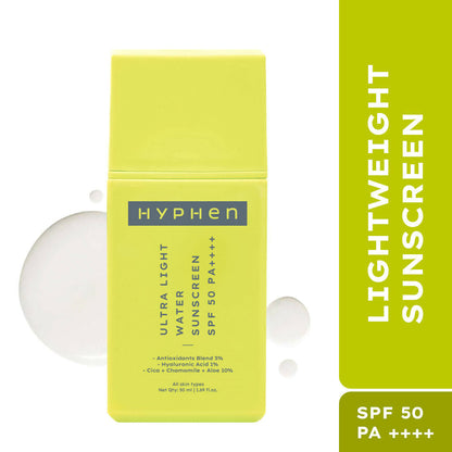 Hyphen by Kriti Sanon ultra light water sunscreen SPF 50 PA++++ with blue light protection, no white cast, for men and women.