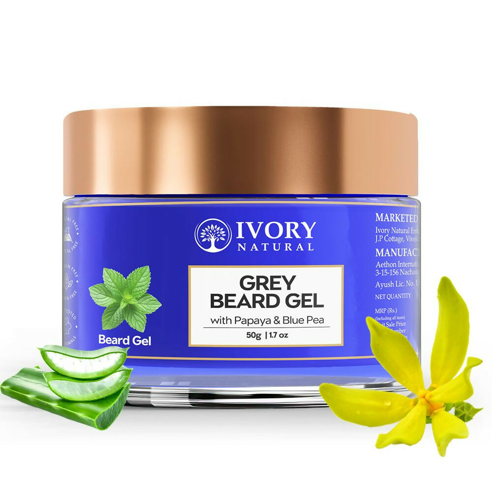 Ivory Natural beard gel in a clear jar, showcasing its creamy texture, designed to restore shine and vibrancy to dark beards.