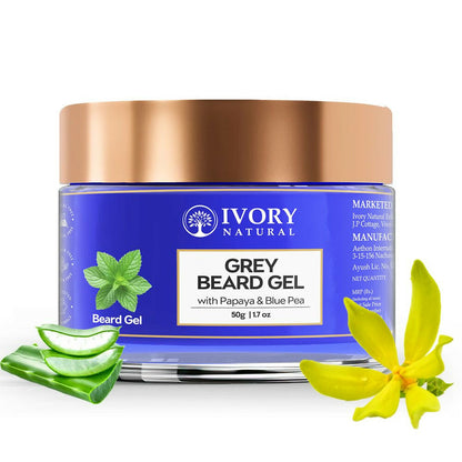 Ivory Natural beard gel in a clear jar, showcasing its creamy texture, designed to restore shine and vibrancy to dark beards.