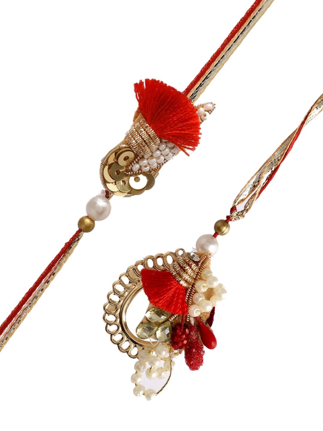 Anouk Red Pearl-Beaded Bhaiya Bhabhi Rakhi With Roli Chawal & Greeting Card