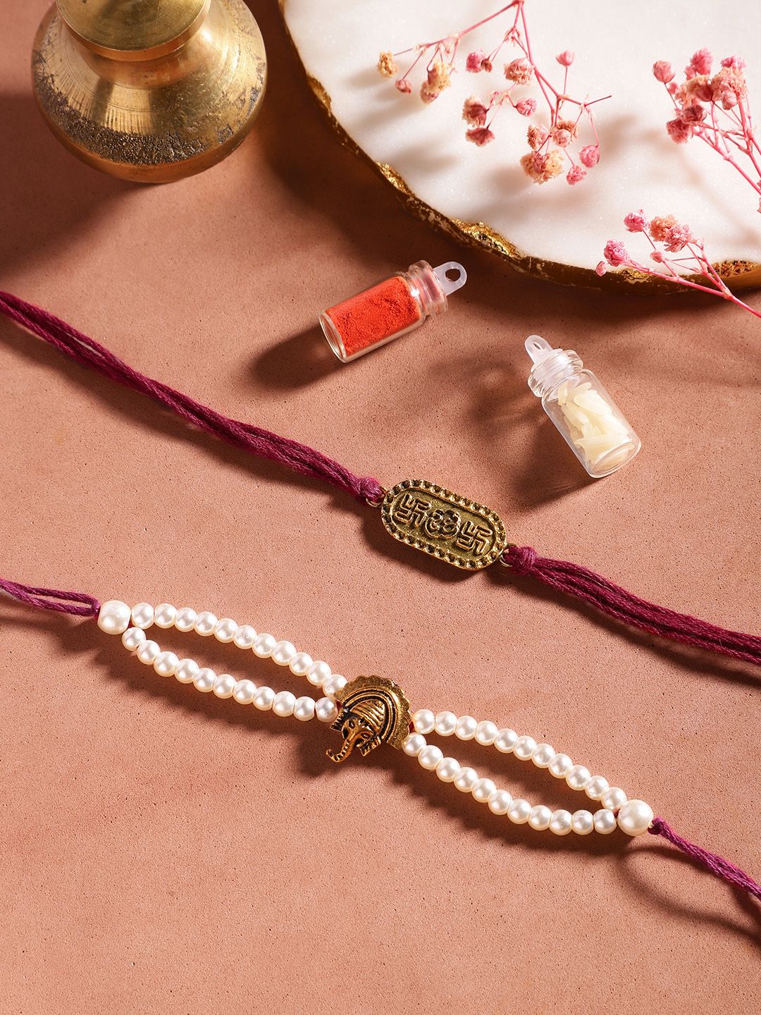 Anouk Unisex Set of 2 Beaded Bhai Bhabhi Rakhis With Roli & Chawal
