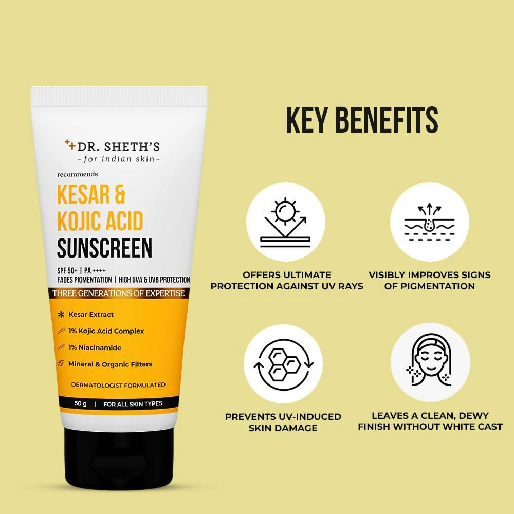 Dr. Sheth's Kesar & Kojic Acid Sunscreen bottle with SPF protection, featuring a sleek design and clear labeling.