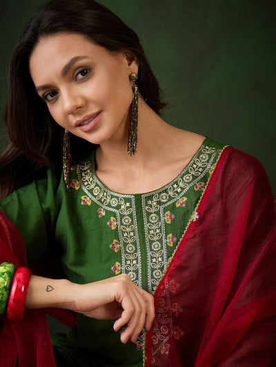 Indyancart SN Women's Floral Embroidered Zari & Sequinned Work Straight Kurta With Trouser & Duputta