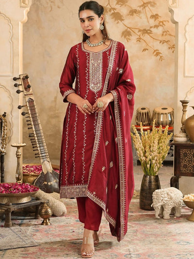 Indyancart IE Women Ethnic Motifs Embroidered Regular Sequinned Kurta Set With Dupatta