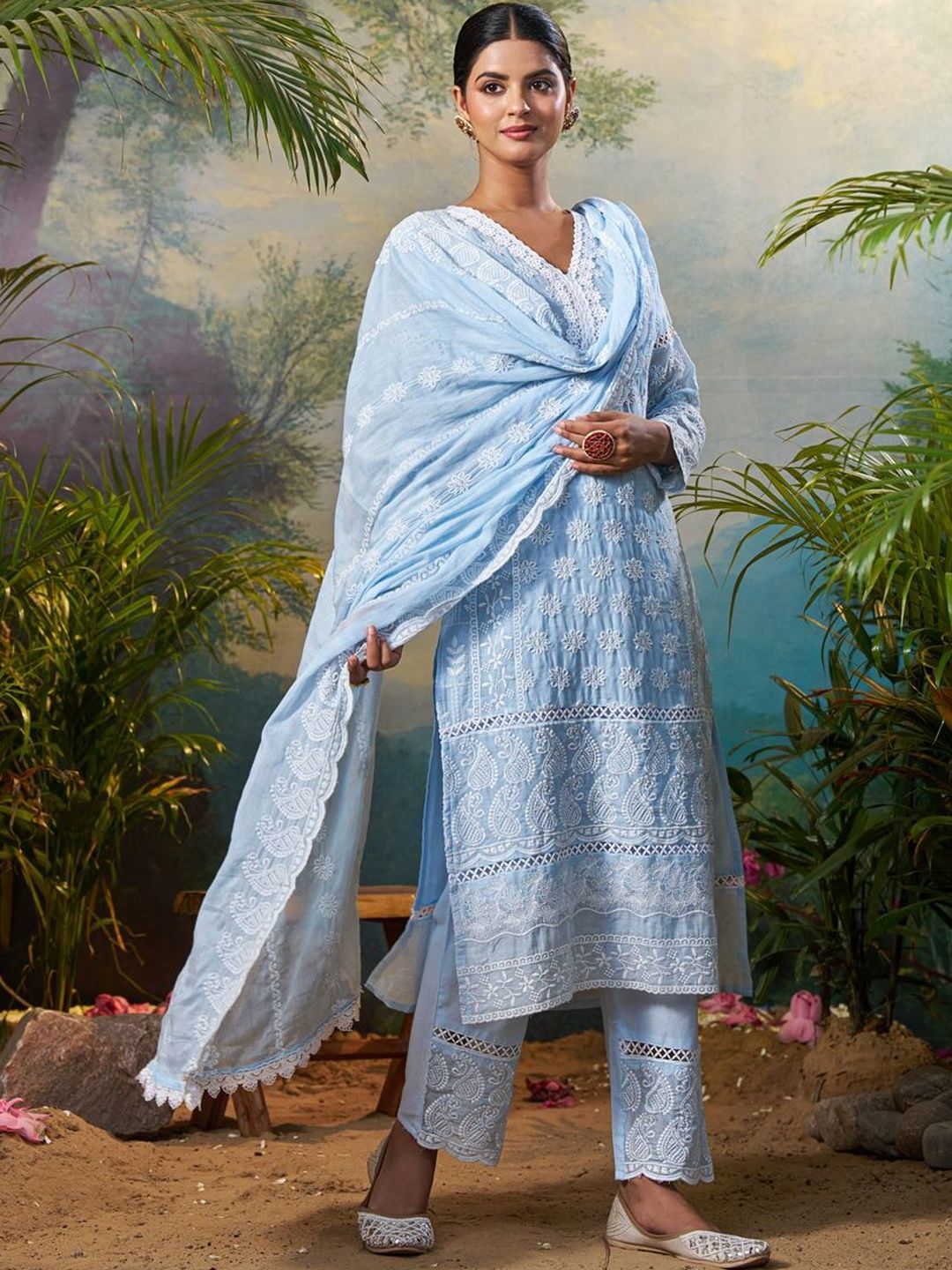 Women Ethnic Motifs Embroidered Regular Chikankari Pure Cotton Kurta with Trousers & With Dupatta