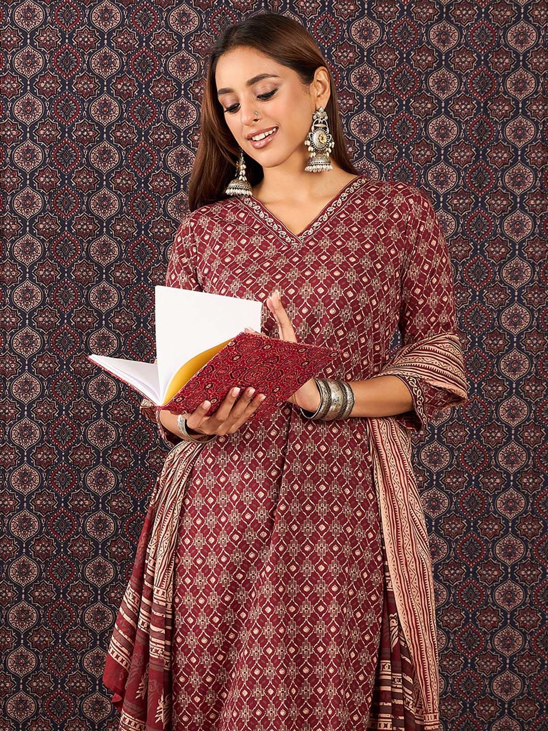Ethnic Motifs Printed Sequinned Pure Cotton Kurta With Trousers & Dupatta