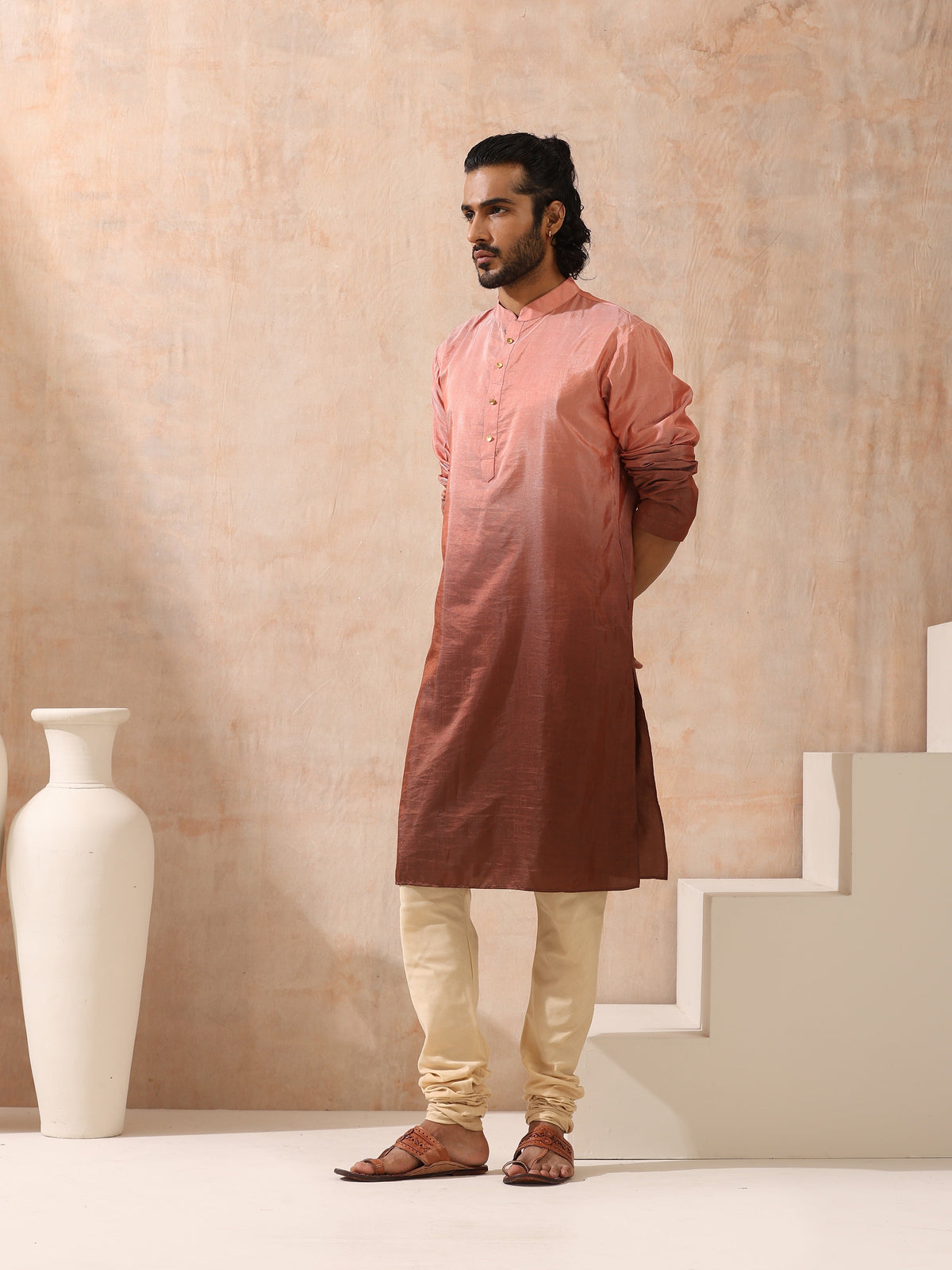 Indyancart ST Mens Ombre Shades of Brown Kurta