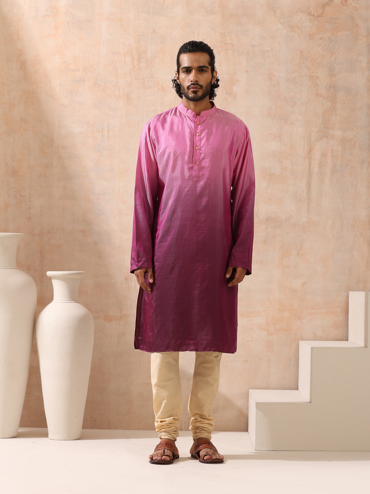 Indyancart ST Mens Ombre Shades of Pink Kurta