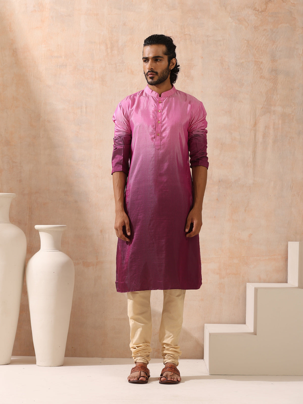 Indyancart ST Mens Ombre Shades of Pink Kurta