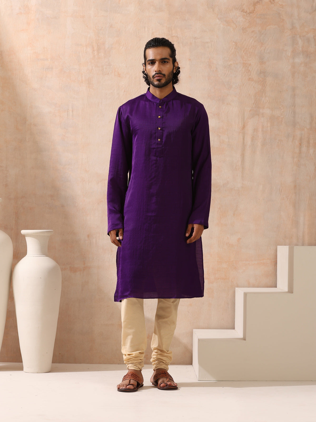 Indyancart ST Mens Purple Kurta with Gold Buttons