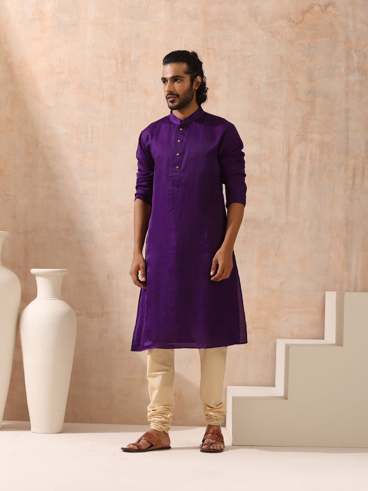Indyancart ST Mens Purple Kurta with Gold Buttons