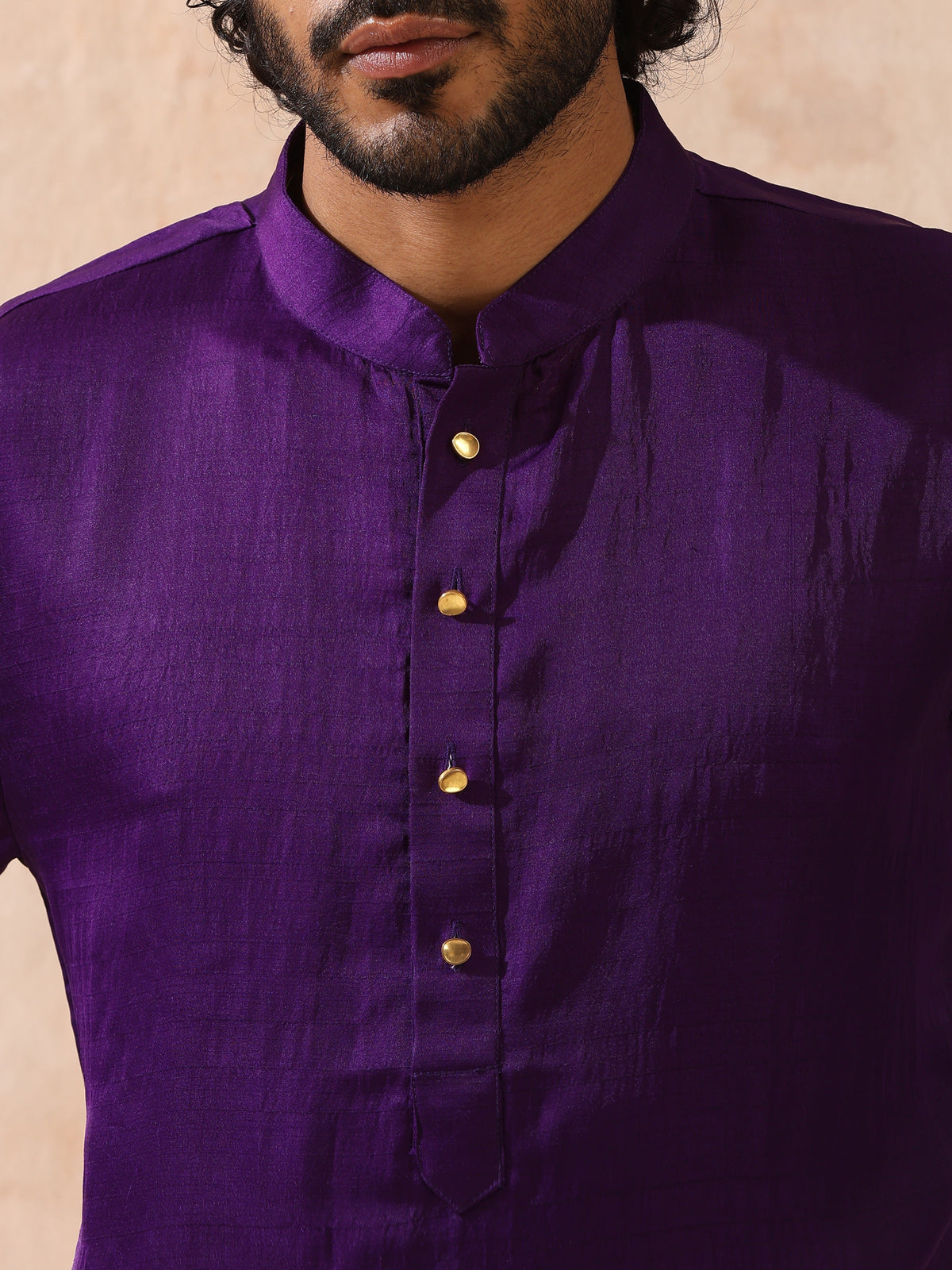 Indyancart ST Mens Purple Kurta with Gold Buttons