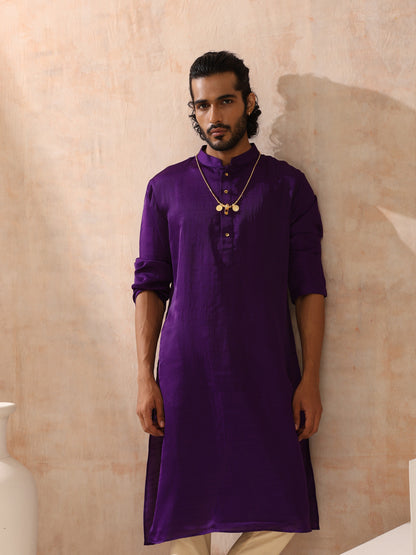 Indyancart ST Mens Purple Kurta with Gold Buttons