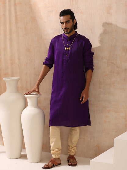 Indyancart ST Mens Purple Kurta with Gold Buttons