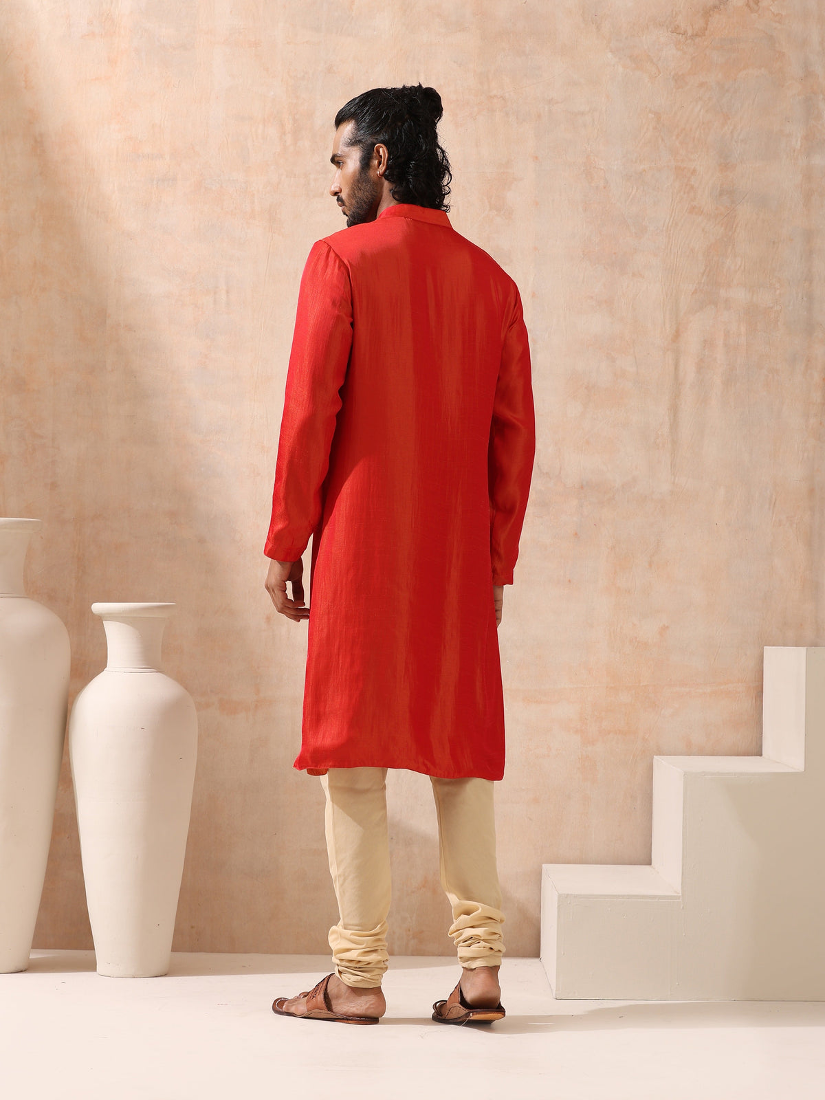 Indyancart ST Reversible Orange and Red Satin Kurta