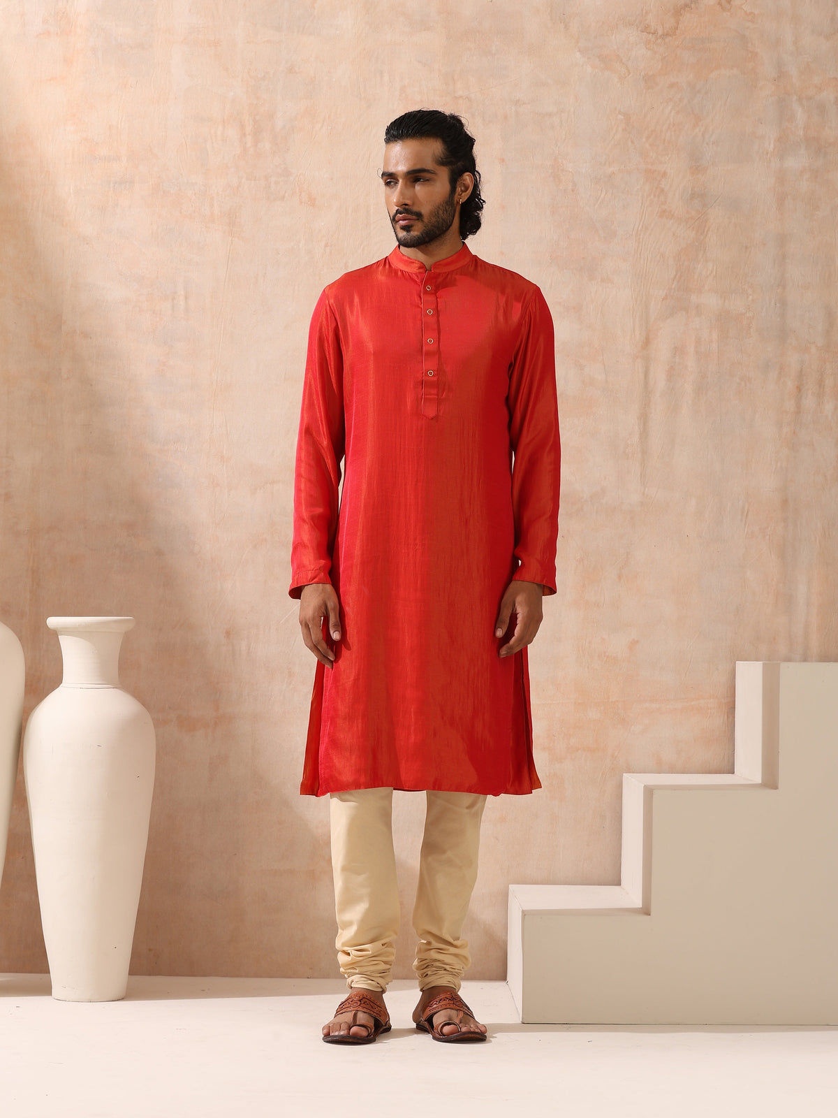Indyancart ST Reversible Orange and Red Satin Kurta