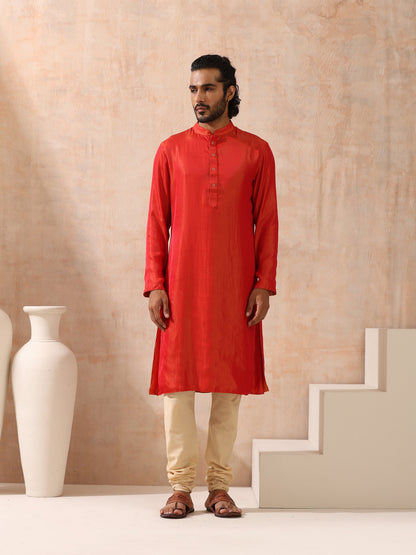 Indyancart ST Reversible Orange and Red Satin Kurta