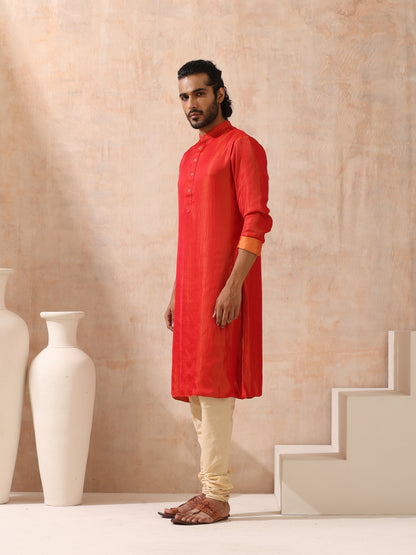 Indyancart ST Reversible Orange and Red Satin Kurta