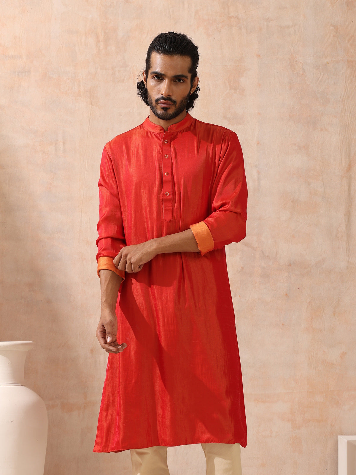 Indyancart ST Reversible Orange and Red Satin Kurta