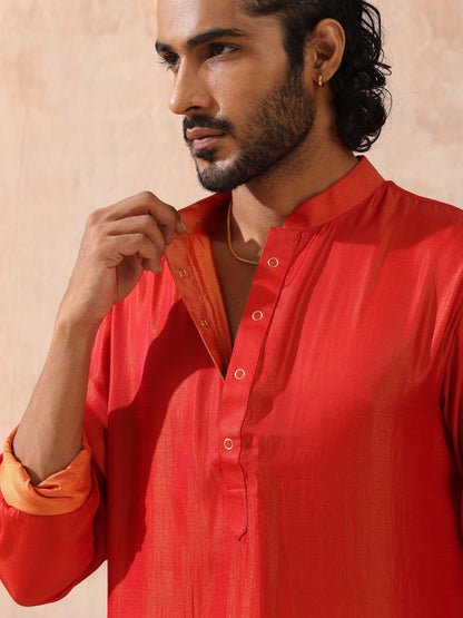 Indyancart ST Reversible Orange and Red Satin Kurta