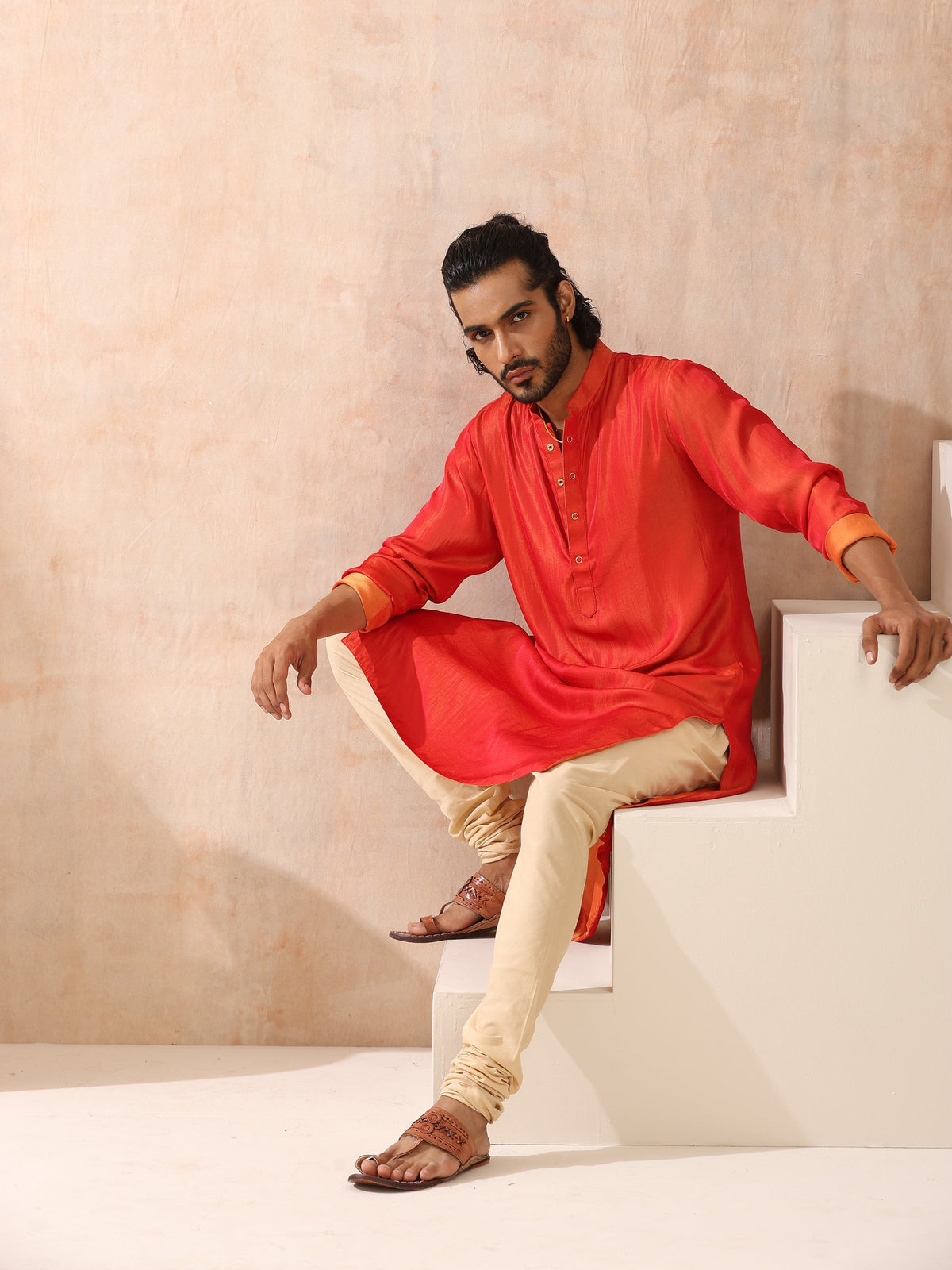 Indyancart ST Reversible Orange and Red Satin Kurta