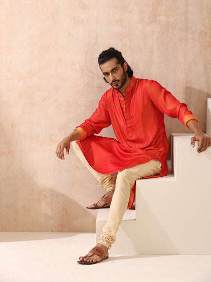 Indyancart ST Reversible Orange and Red Satin Kurta