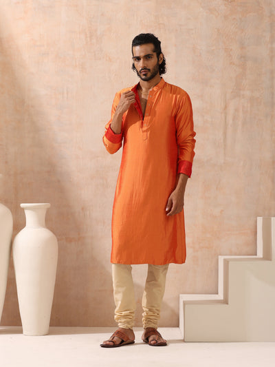 Indyancart ST Reversible Orange and Red Satin Kurta