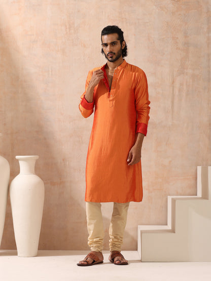 Indyancart ST Reversible Orange and Red Satin Kurta