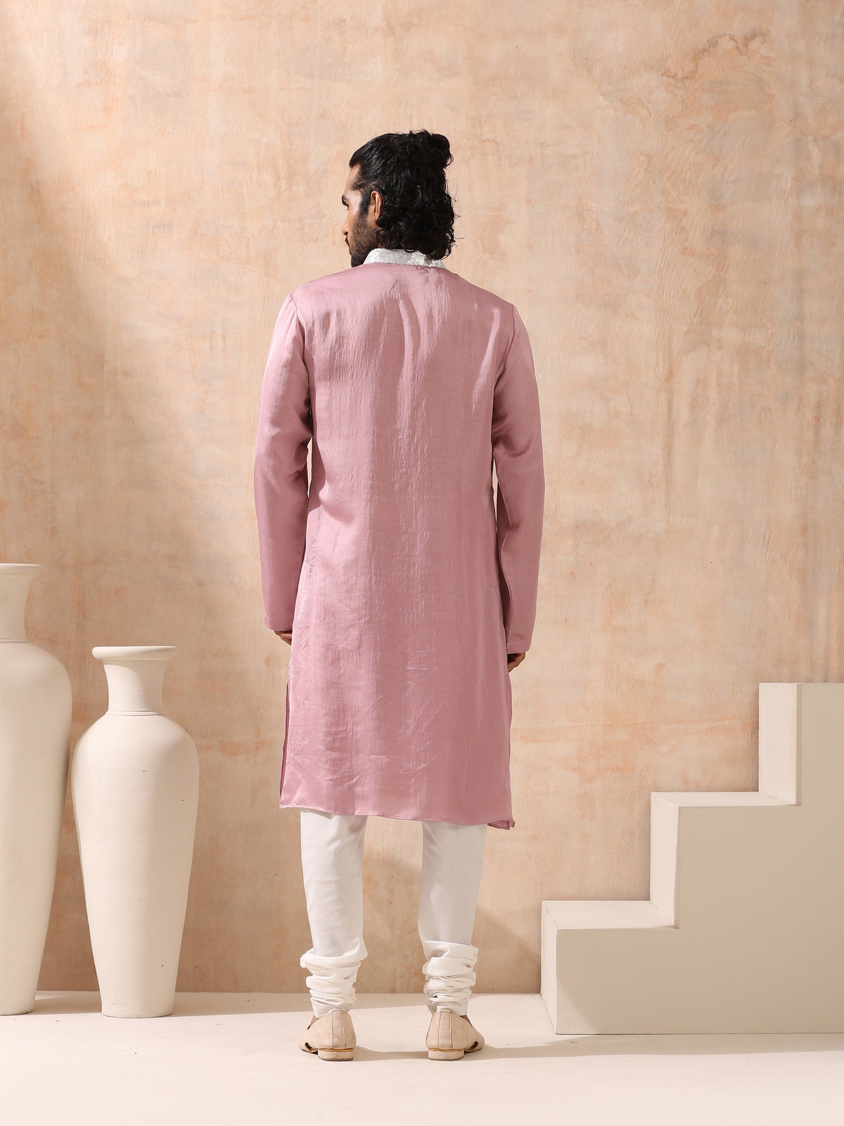 Indyancart ST Mens Pink Kurta with Silver Sequin Placket and Collar