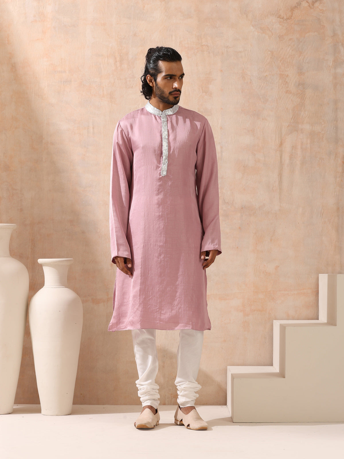 Indyancart ST Mens Pink Kurta with Silver Sequin Placket and Collar