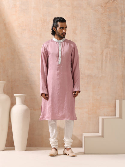 Indyancart ST Mens Pink Kurta with Silver Sequin Placket and Collar