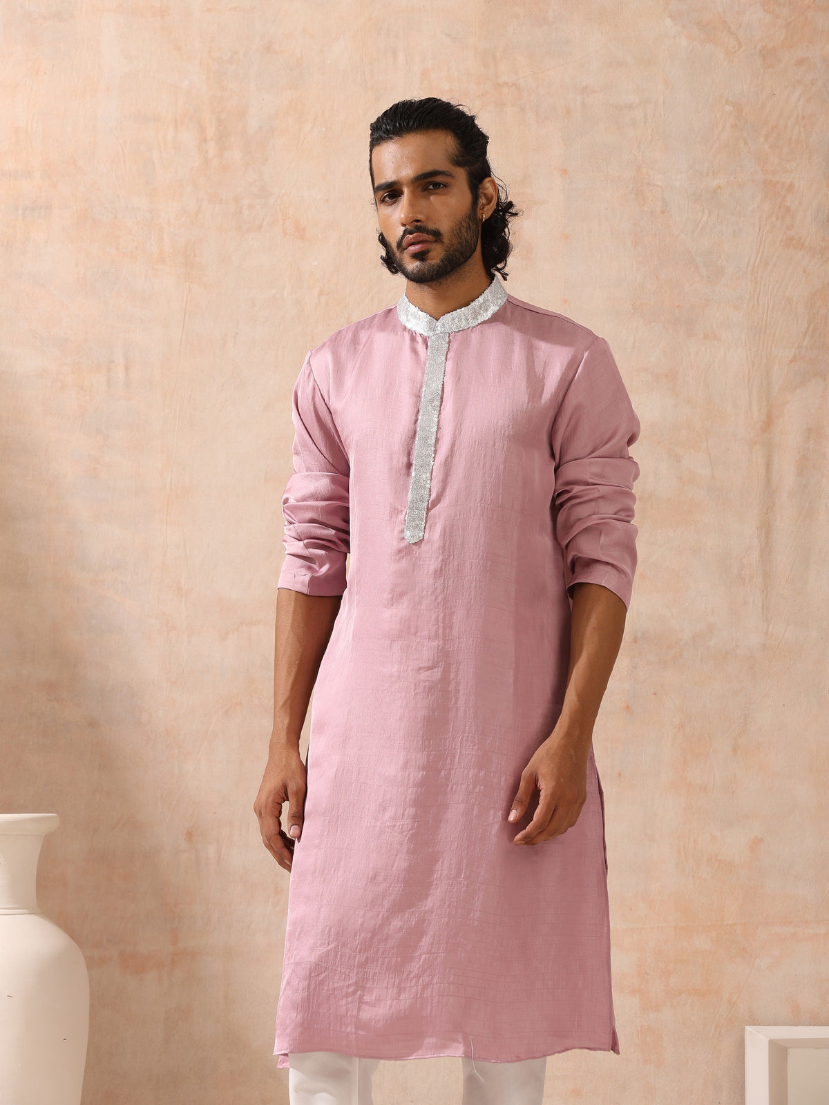 Indyancart ST Mens Pink Kurta with Silver Sequin Placket and Collar