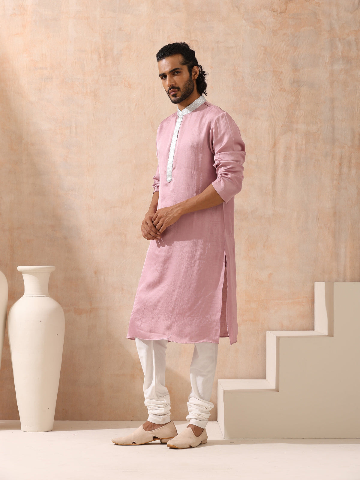 Indyancart ST Mens Pink Kurta with Silver Sequin Placket and Collar