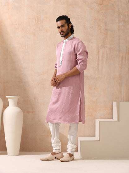 Indyancart ST Mens Pink Kurta with Silver Sequin Placket and Collar