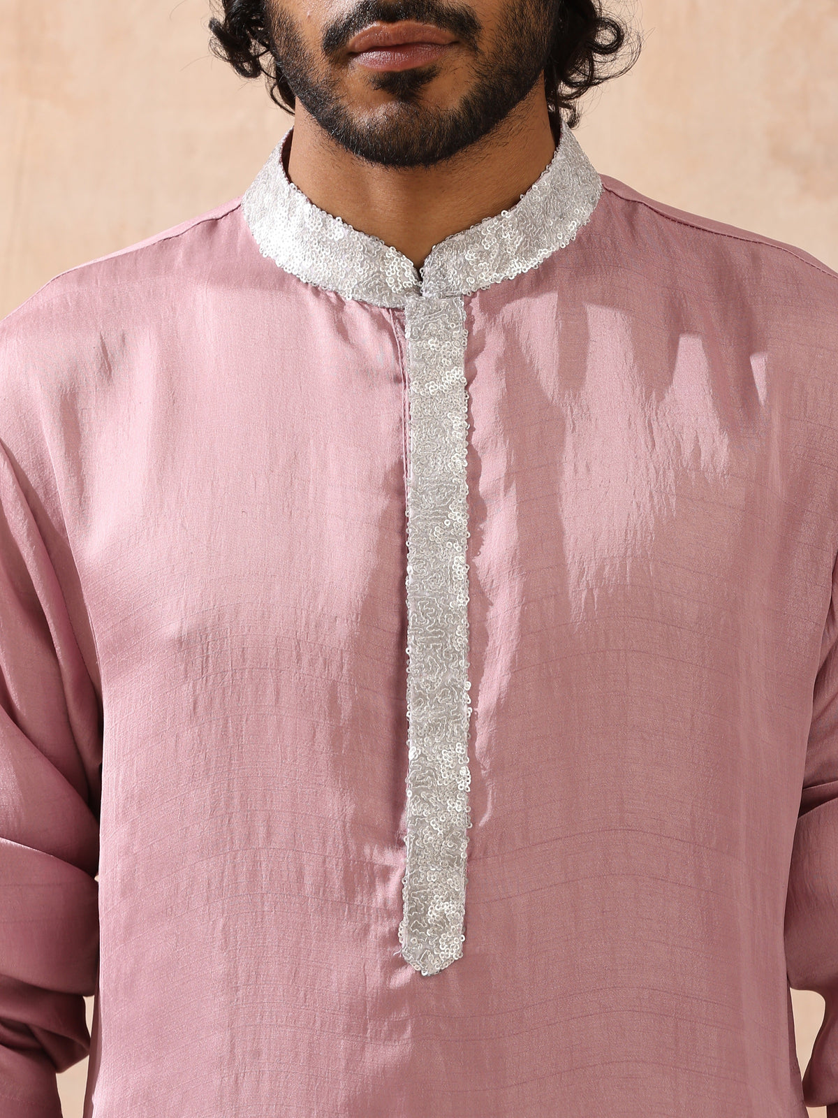 Indyancart ST Mens Pink Kurta with Silver Sequin Placket and Collar