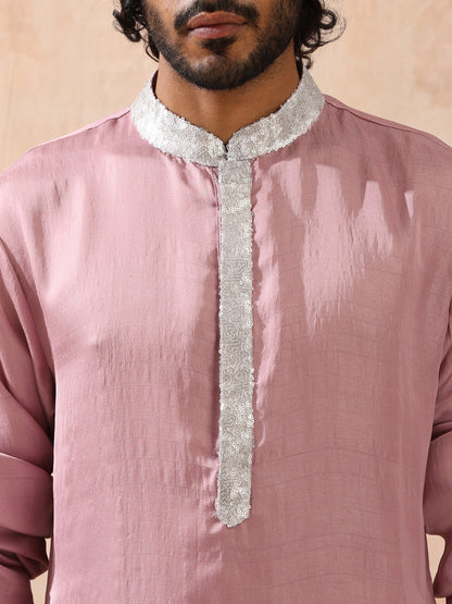 Indyancart ST Mens Pink Kurta with Silver Sequin Placket and Collar