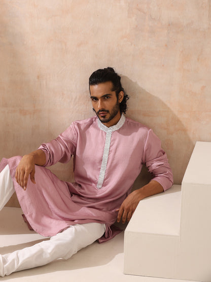 Indyancart ST Mens Pink Kurta with Silver Sequin Placket and Collar