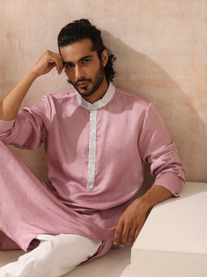 Indyancart ST Mens Pink Kurta with Silver Sequin Placket and Collar