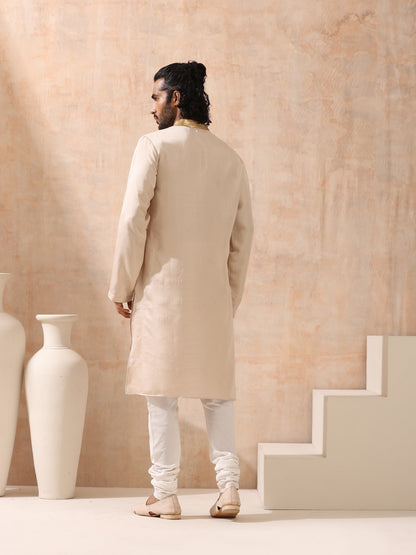 Indyancart ST Mens Cream Kurta with Gold Sequin Placket and Collar