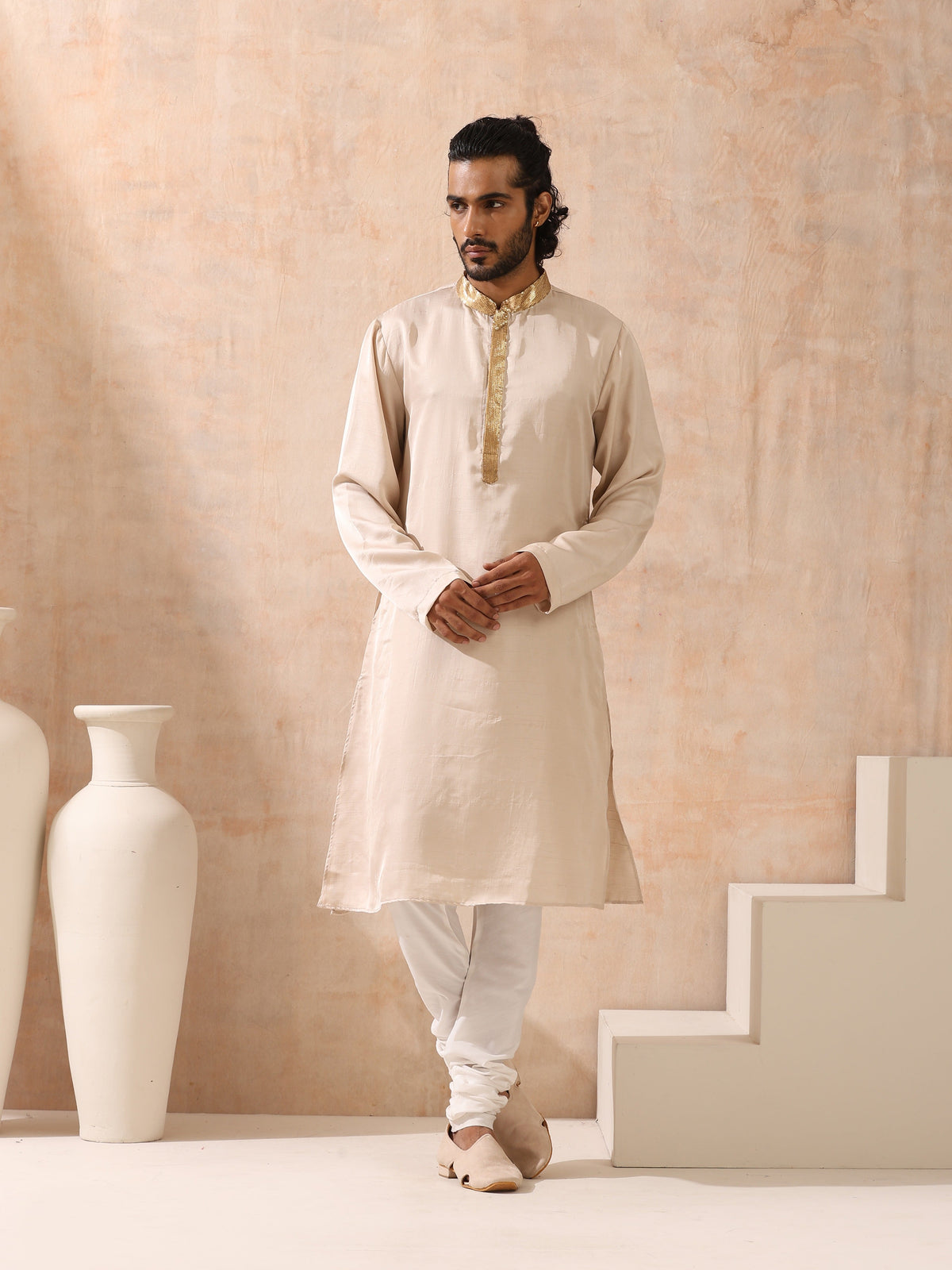 Indyancart ST Mens Cream Kurta with Gold Sequin Placket and Collar