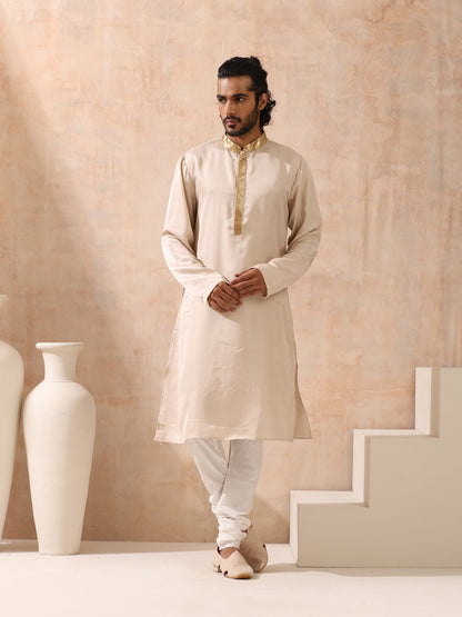 Indyancart ST Mens Cream Kurta with Gold Sequin Placket and Collar