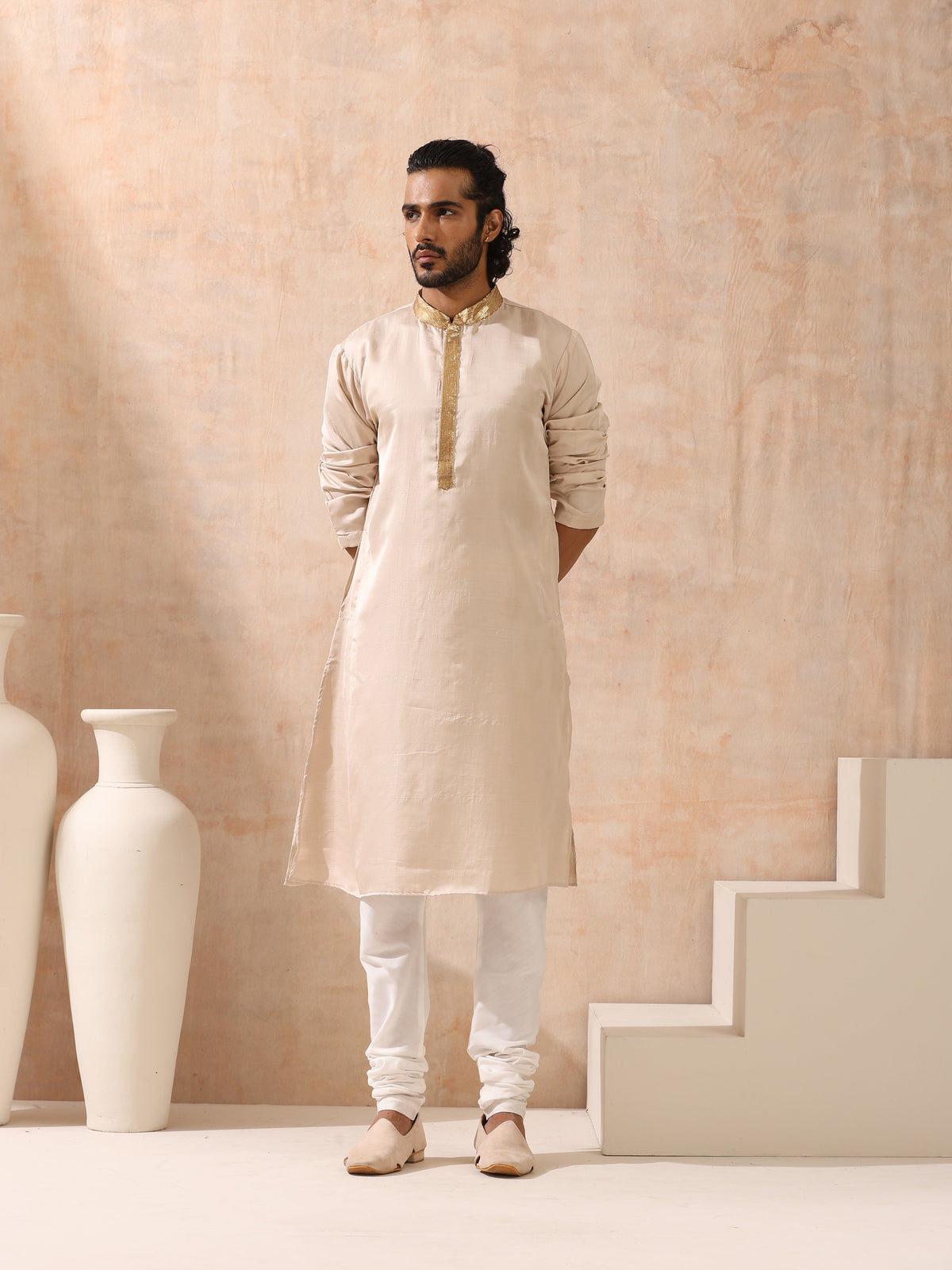 Indyancart ST Mens Cream Kurta with Gold Sequin Placket and Collar